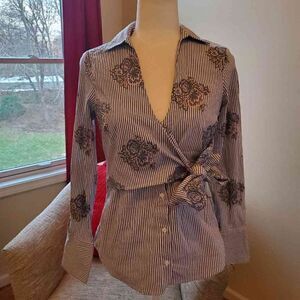 Zara Woman striped floral tie collared shirt XS